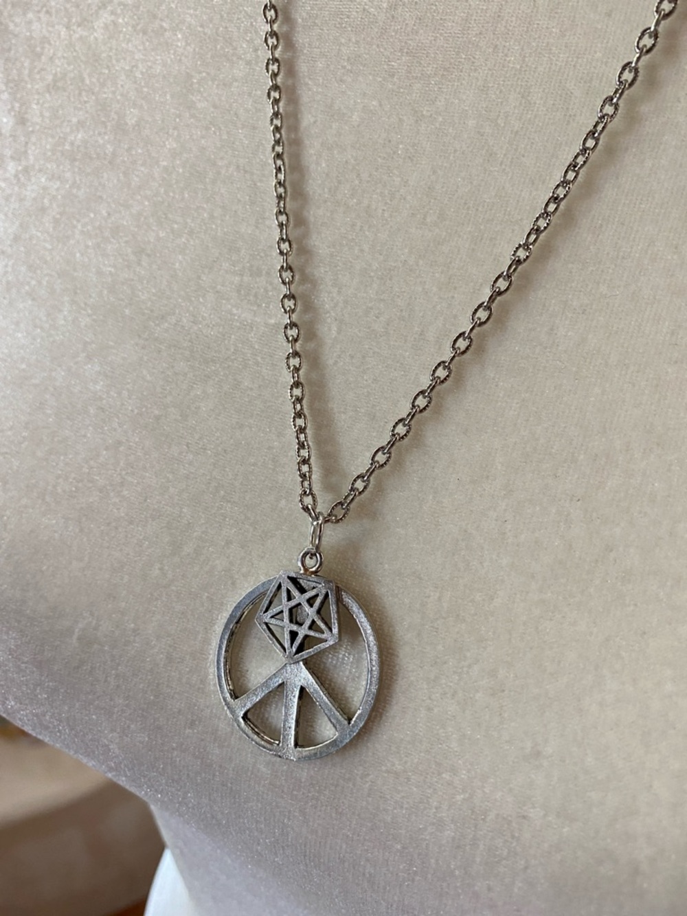 Silver Peace Symbol Pendant Necklace with Geometric Star Accent - Women Jewelry